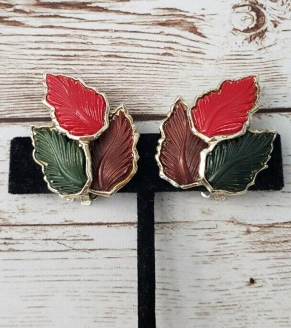 Vintage Clip On Earrings - Tri Color Leaves Trio Large Statement Earrings